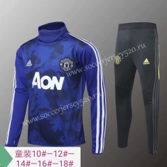 2019-2020 Manchester United High Collar Blue&Black High Collar Kids/Youth Soccer Tracksuit-418