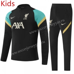 2021-2022 Liverpool Black （Green sleeves）Kids/Youth Thailand Soccer Tracksuit-GDP