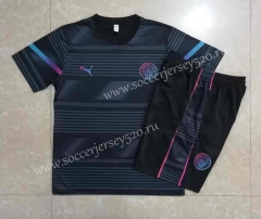 2022-2023 Manchester City Black Short-sleeved Thailand Soccer Tracksuit-815